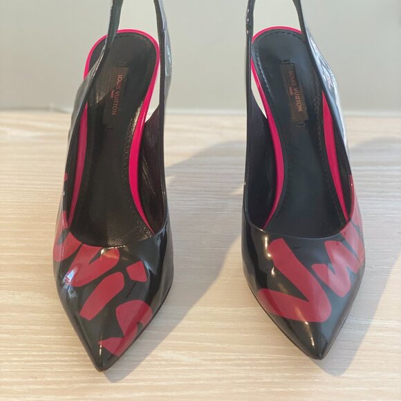 LOUIS VUITTON Patent Graffiti Slingback Pumps Black and Pink Size - Picture 4 of 5